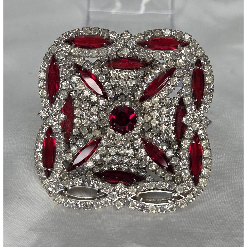 Signed Kramer New York Clear Rhinestones & Ruby Red Glass Cabochons Brooch 2"